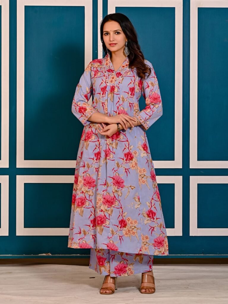 Lavender Blue Cotton Floral Printed Kurta Set  