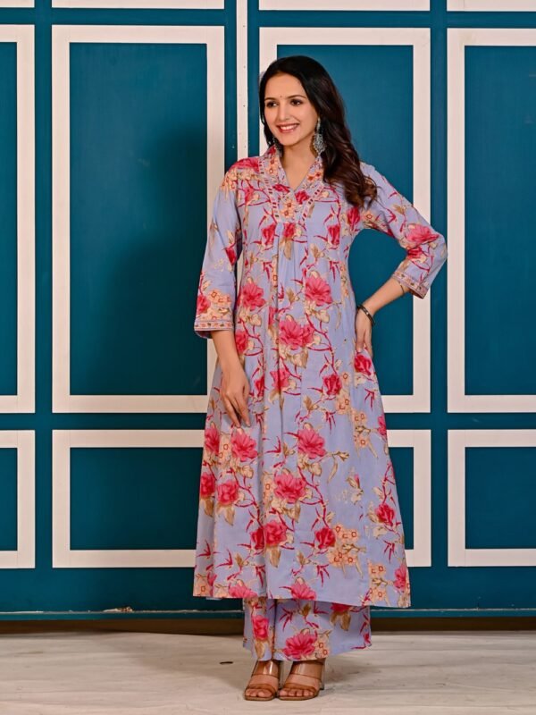 Lavender Blue Cotton Floral Printed Kurta Set  