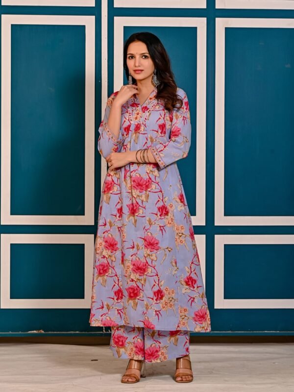 Lavender Blue Cotton Floral Printed Kurta Set  