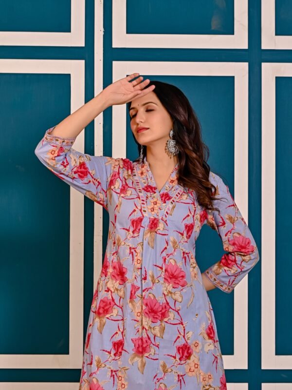 Lavender Blue Cotton Floral Printed Kurta Set  
