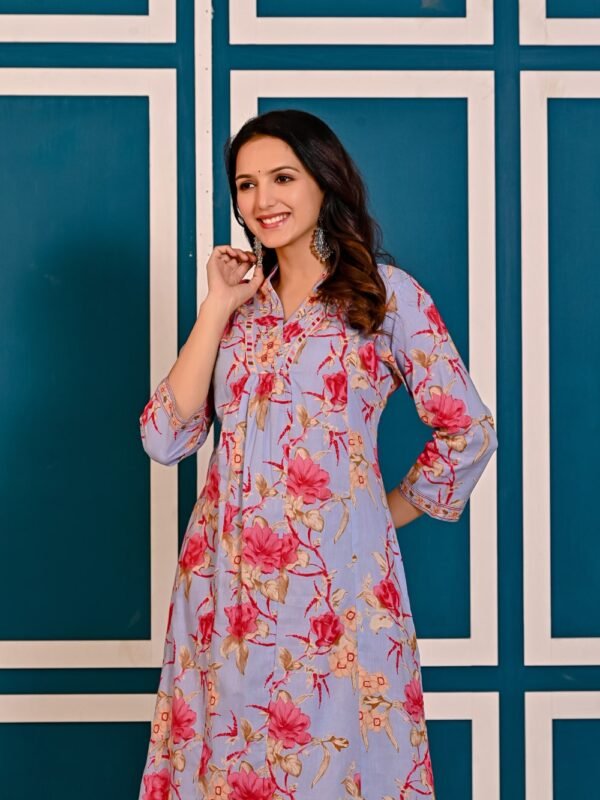 Lavender Blue Cotton Floral Printed Kurta Set  