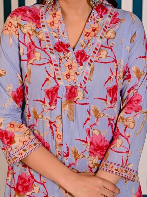 Lavender Blue Cotton Floral Printed Kurta Set  