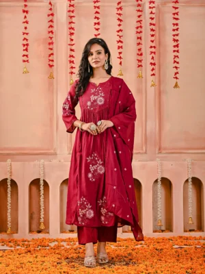 Red Mul Chanderi Embroidered Suit Set