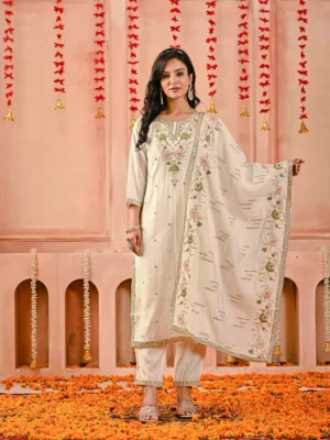 Mul Chanderi Floral Off-White Suit Set Elegant Outfit, Ethnic Wear, Floral Suit, Mul Chanderi, Off-White Kurta  Mul Chanderi Floral Off-White Suit Set Elegant Outfit, Ethnic Wear, Floral Suit, Mul Chanderi, Off-White Kurta
