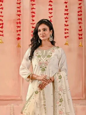 Mul Chanderi Floral Off-White Suit Set