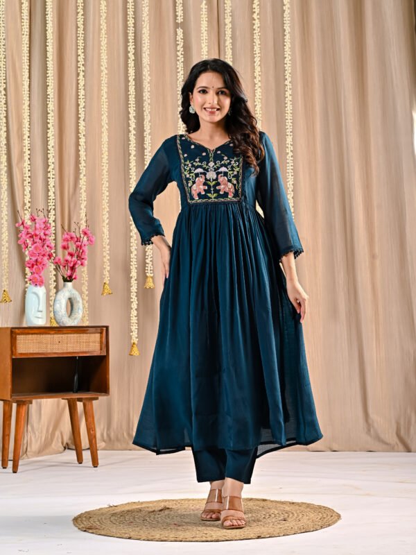 Deep Teal Mul Chanderi Anarkali Suit Set deep teal suit, Ethnic Wear, mul chanderi anarkali, teal anarkali suit set, women’s ethnic dress 