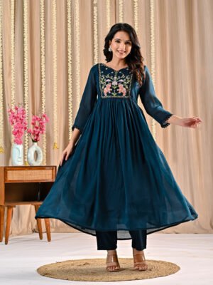 Deep Teal Mul Chanderi Anarkali Suit Set