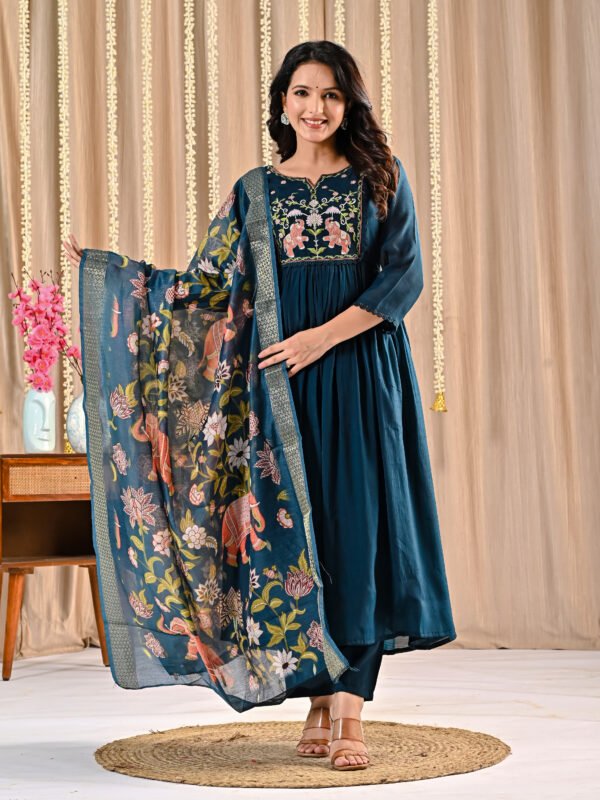 Deep Teal Mul Chanderi Anarkali Suit Set deep teal suit, Ethnic Wear, mul chanderi anarkali, teal anarkali suit set, women’s ethnic dress 