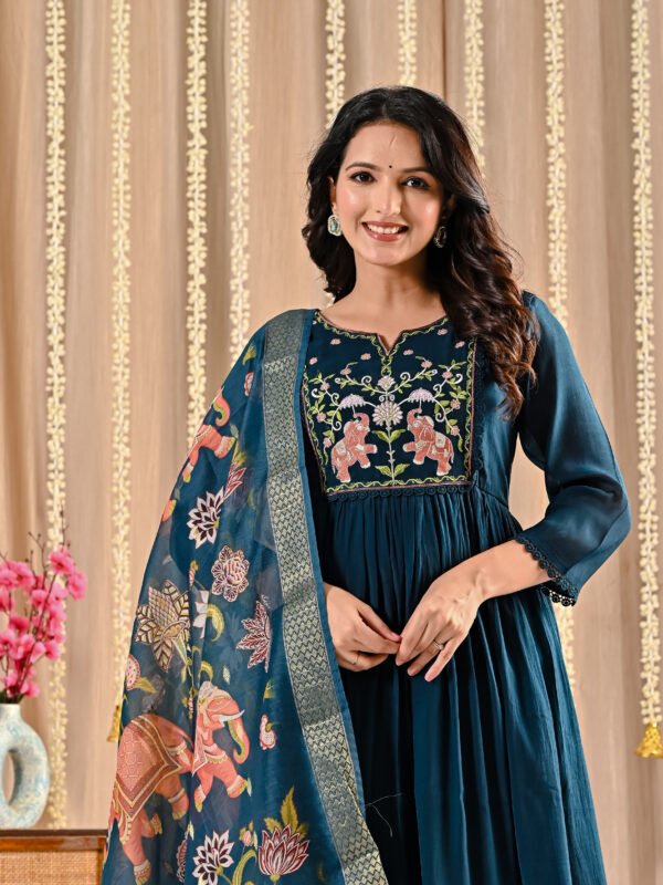 Deep Teal Mul Chanderi Anarkali Suit Set deep teal suit, Ethnic Wear, mul chanderi anarkali, teal anarkali suit set, women’s ethnic dress 