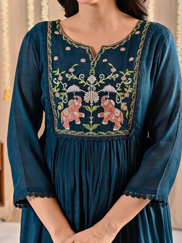 Deep Teal Mul Chanderi Anarkali Suit Set deep teal suit, Ethnic Wear, mul chanderi anarkali, teal anarkali suit set, women’s ethnic dress 
