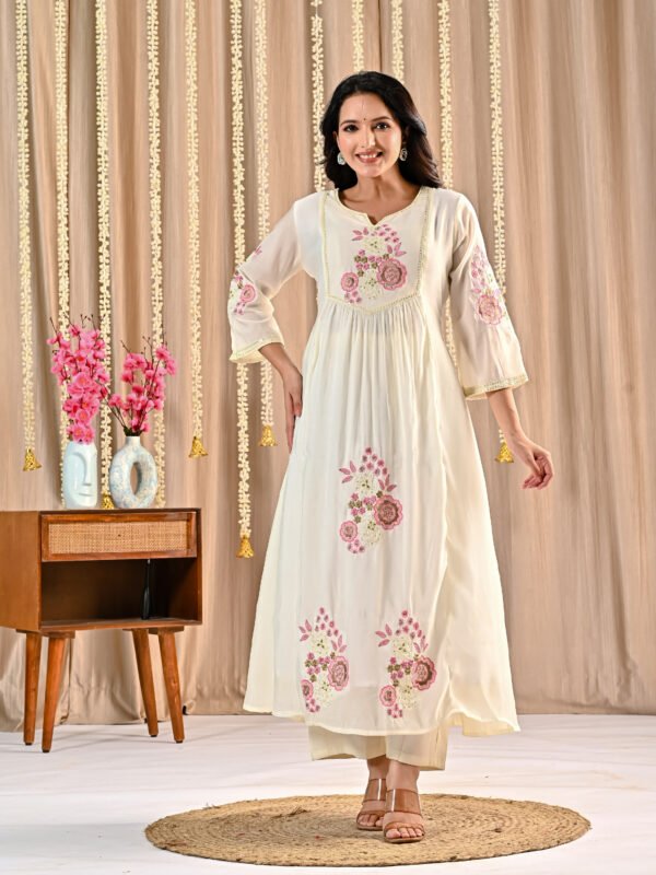 White Mul Chanderi Anarkali Suit Set Ethnic Wear, festive anarkali, mul chanderi suit, white anarkali suit, women’s suit set 