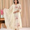 White Mul Chanderi Anarkali Suit Set Ethnic Wear, festive anarkali, mul chanderi suit, white anarkali suit, women’s suit set 