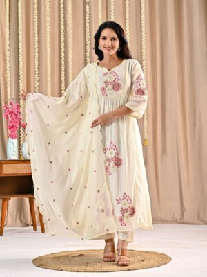 White Mul Chanderi Anarkali Suit Set Ethnic Wear, festive anarkali, mul chanderi suit, white anarkali suit, women’s suit set 