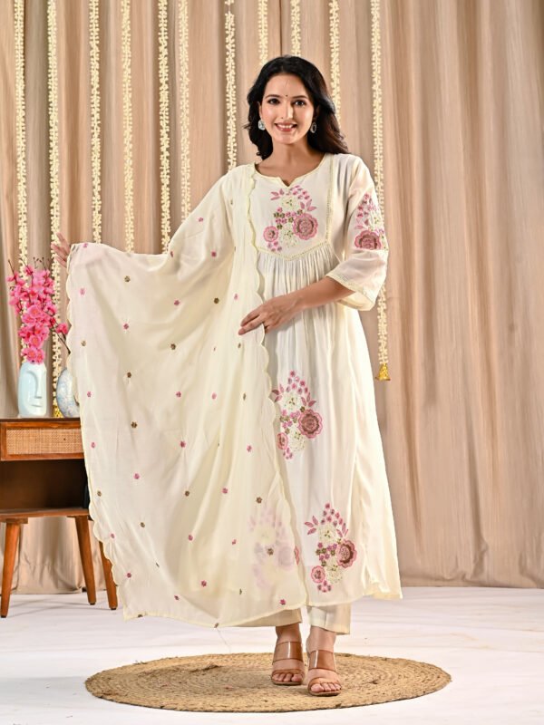 White Mul Chanderi Anarkali Suit Set Ethnic Wear, festive anarkali, mul chanderi suit, white anarkali suit, women’s suit set 
