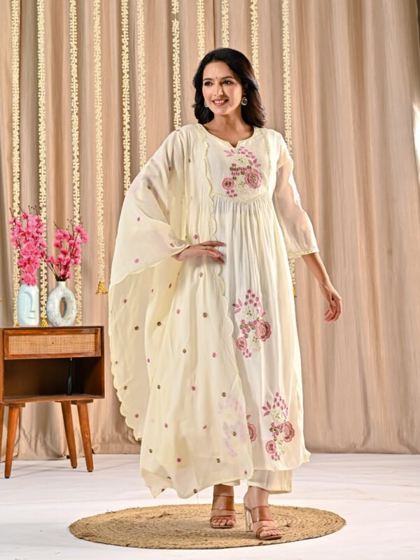 White Mul Chanderi Anarkali Suit Set Ethnic Wear, festive anarkali, mul chanderi suit, white anarkali suit, women’s suit set 