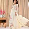 White Mul Chanderi Anarkali Suit Set Ethnic Wear, festive anarkali, mul chanderi suit, white anarkali suit, women’s suit set 