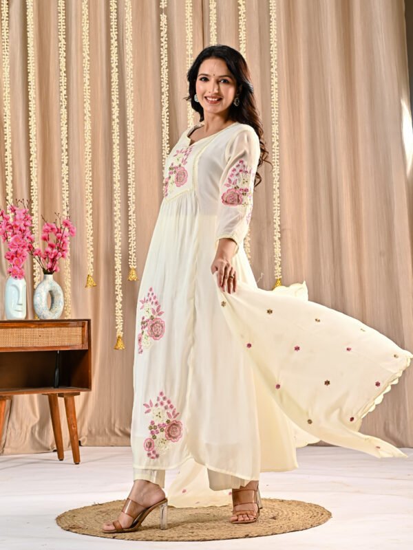 White Mul Chanderi Anarkali Suit Set Ethnic Wear, festive anarkali, mul chanderi suit, white anarkali suit, women’s suit set 
