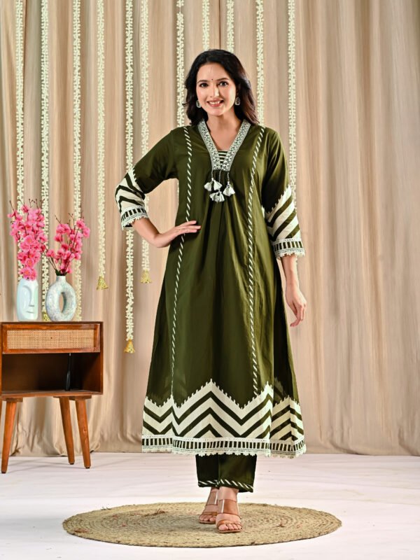 Olive Green A-Line Suit – Cotton Fabric a-line suit, cotton suit, daily wear, Ethnic Wear, olive green suit, women’s cotton dress 