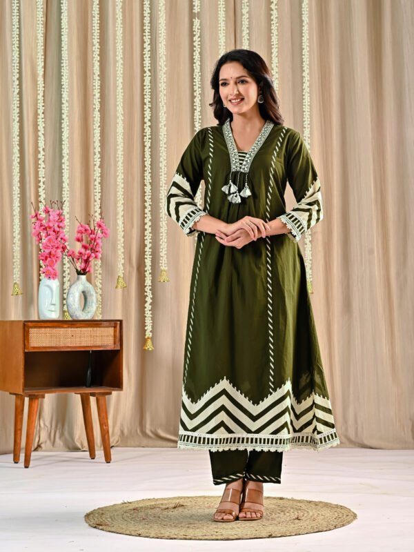 Olive Green A-Line Suit – Cotton Fabric a-line suit, cotton suit, daily wear, Ethnic Wear, olive green suit, women’s cotton dress 
