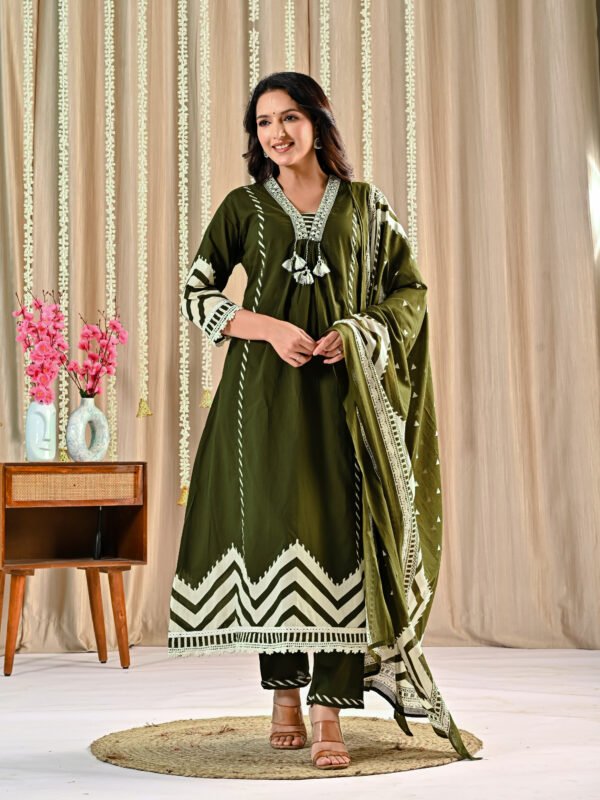 Olive Green A-Line Suit – Cotton Fabric a-line suit, cotton suit, daily wear, Ethnic Wear, olive green suit, women’s cotton dress 