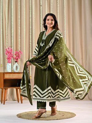 Olive Green A-Line Suit – Cotton Fabric a-line suit, cotton suit, daily wear, Ethnic Wear, olive green suit, women’s cotton dress 