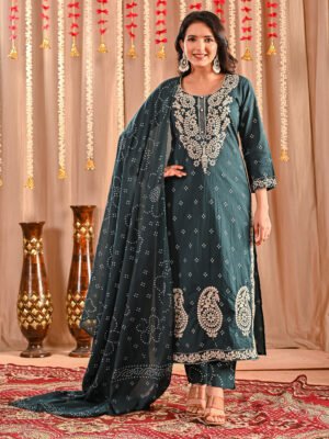 Peacock Teal Hand Embroidery Suit Set - Cotton Fabric