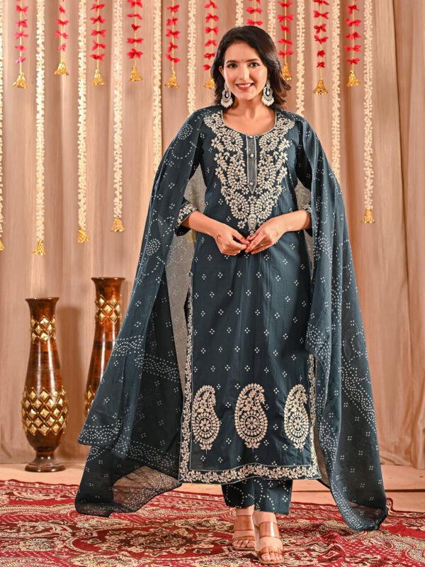 Peacock Teal Hand Embroidery Suit Set - Cotton Fabric  