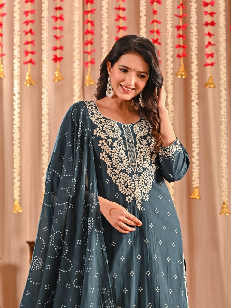 Peacock Teal Hand Embroidery Suit Set - Cotton Fabric  