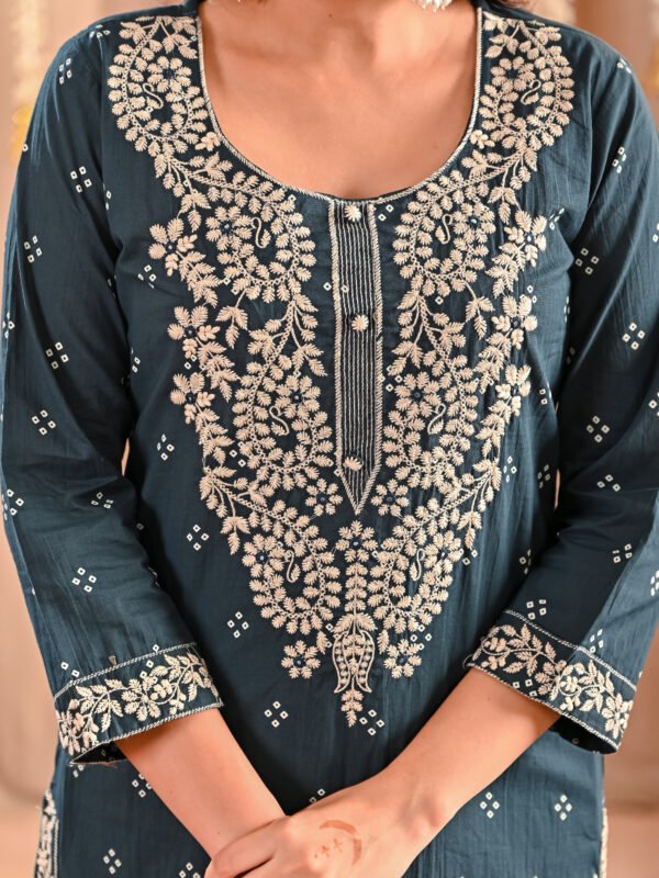 Peacock Teal Hand Embroidery Suit Set - Cotton Fabric  
