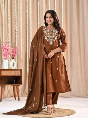 Elegant Brown Embroidered Kurta Set with Dupatta ethnic wear for women, festive ethnic wear, festive suit set, lightweight silk blend suit, silk blend suit set, silk kurta set, women’s silk suit 