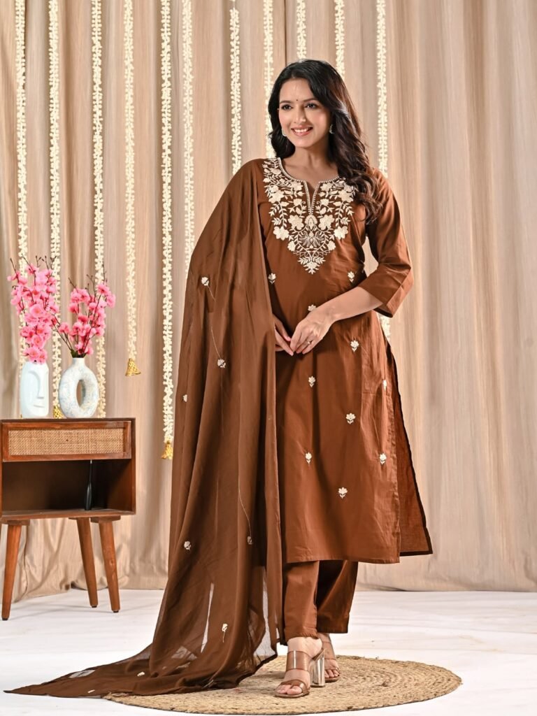 Elegant Brown Embroidered Kurta Set with Dupatta ethnic wear for women, festive ethnic wear, festive suit set, lightweight silk blend suit, silk blend suit set, silk kurta set, women’s silk suit 