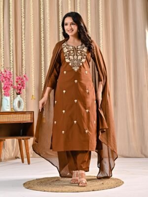 Elegant Brown Embroidered Kurta Set with Dupatta