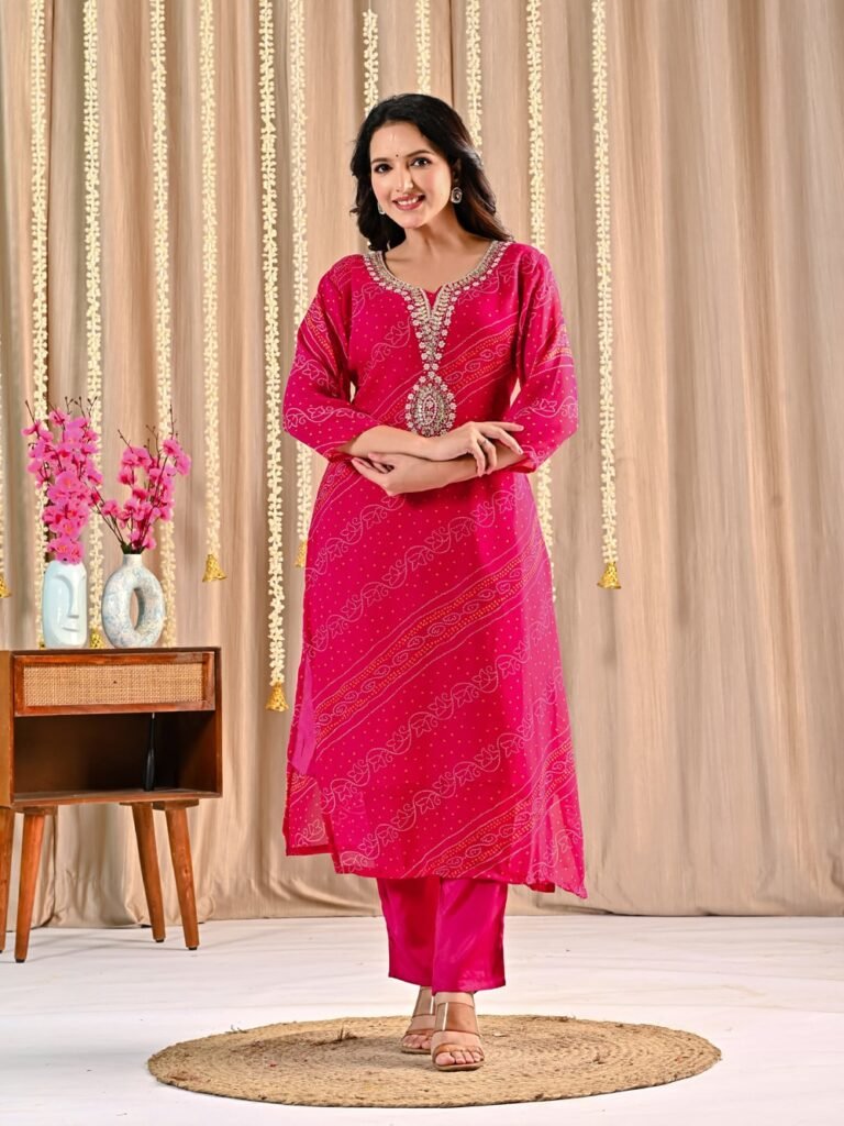 Vibrant Pink Georgette Bandhani Suit with Embroidered Neckline ethnic wear for women, festive ethnic wear, festive suit set, lightweight silk blend suit, silk blend suit set, silk kurta set, women’s silk suit 