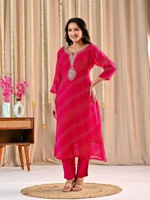 Vibrant Pink Georgette Bandhani Suit with Embroidered Neckline