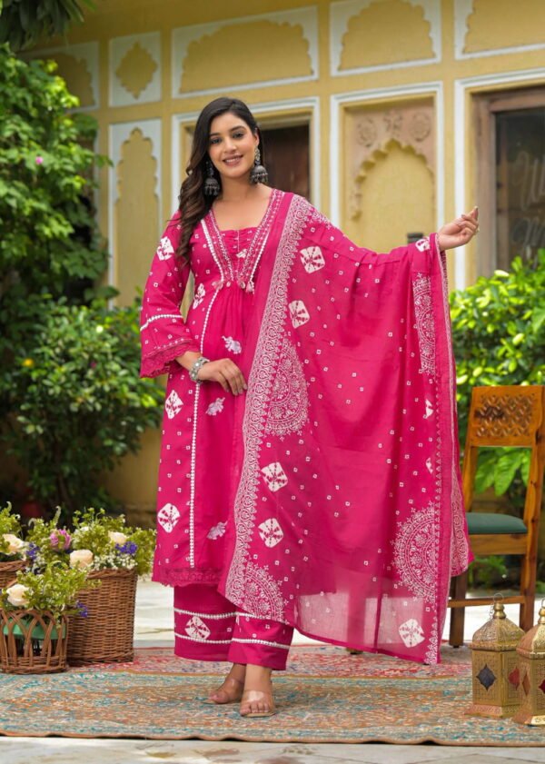 Rani Pink Cotton A-Line Kurta Palazzo Set with Mirror Work ethnic wear for women, festive ethnic wear, festive suit set, lightweight silk blend suit, silk blend suit set, silk kurta set, women’s silk suit 