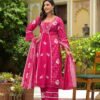 Rani Pink Cotton A-Line Kurta Palazzo Set with Mirror Work ethnic wear for women, festive ethnic wear, festive suit set, lightweight silk blend suit, silk blend suit set, silk kurta set, women’s silk suit 
