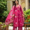 Rani Pink Cotton A-Line Kurta Palazzo Set with Mirror Work ethnic wear for women, festive ethnic wear, festive suit set, lightweight silk blend suit, silk blend suit set, silk kurta set, women’s silk suit 