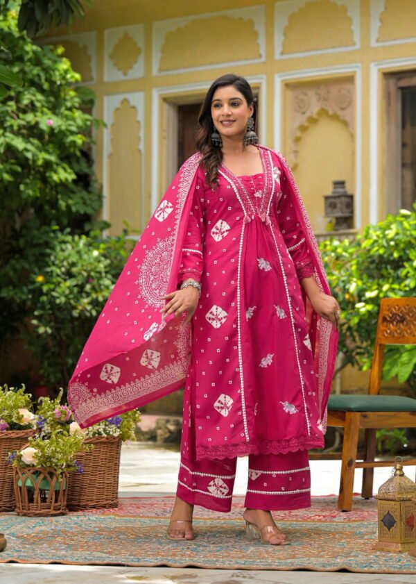 Rani Pink Cotton A-Line Kurta Palazzo Set with Mirror Work ethnic wear for women, festive ethnic wear, festive suit set, lightweight silk blend suit, silk blend suit set, silk kurta set, women’s silk suit 