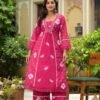Rani Pink Cotton A-Line Kurta Palazzo Set with Mirror Work ethnic wear for women, festive ethnic wear, festive suit set, lightweight silk blend suit, silk blend suit set, silk kurta set, women’s silk suit 