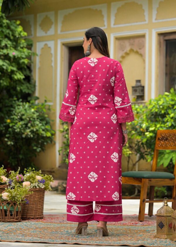 Rani Pink Cotton A-Line Kurta Palazzo Set with Mirror Work ethnic wear for women, festive ethnic wear, festive suit set, lightweight silk blend suit, silk blend suit set, silk kurta set, women’s silk suit 