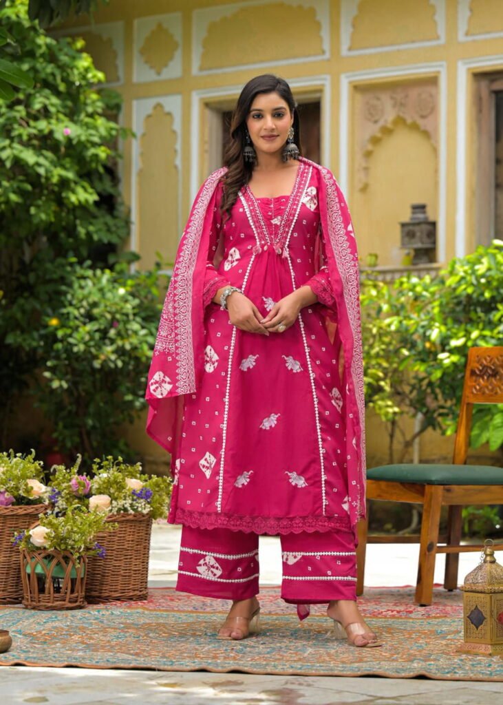 Rani Pink Cotton A-Line Kurta Palazzo Set with Mirror Work ethnic wear for women, festive ethnic wear, festive suit set, lightweight silk blend suit, silk blend suit set, silk kurta set, women’s silk suit 