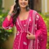 Rani Pink Cotton A-Line Kurta Palazzo Set with Mirror Work ethnic wear for women, festive ethnic wear, festive suit set, lightweight silk blend suit, silk blend suit set, silk kurta set, women’s silk suit 