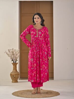 Festive Pink Floral Alia-Cut Suit Set ethnic wear for women, festive ethnic wear, festive suit set, lightweight silk blend suit, silk blend suit set, silk kurta set, women’s silk suit 