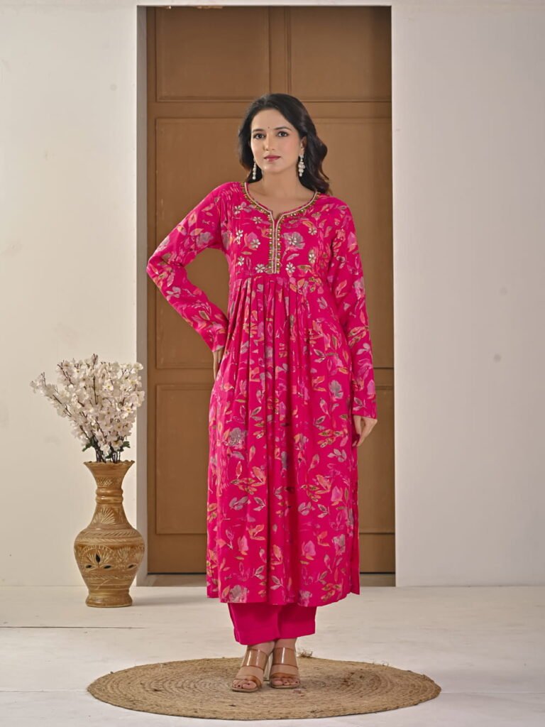 Festive Pink Floral Alia-Cut Suit Set ethnic wear for women, festive ethnic wear, festive suit set, lightweight silk blend suit, silk blend suit set, silk kurta set, women’s silk suit 