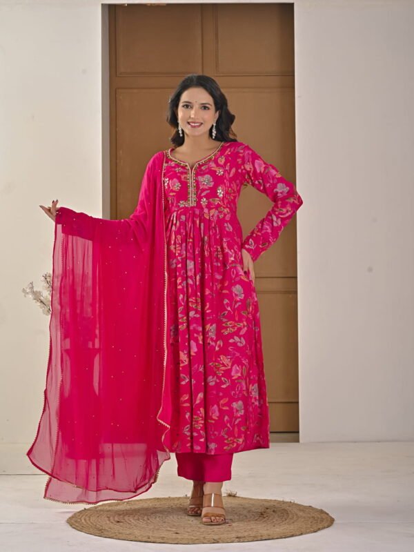 Festive Pink Floral Alia-Cut Suit Set ethnic wear for women, festive ethnic wear, festive suit set, lightweight silk blend suit, silk blend suit set, silk kurta set, women’s silk suit Festive Pink Floral Alia-Cut Suit Set ethnic wear for women, festive ethnic wear, festive suit set, lightweight silk blend suit, silk blend suit set, silk kurta set, women’s silk suit