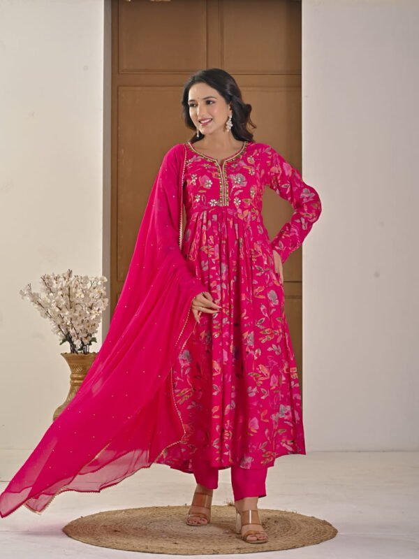 Festive Pink Floral Alia-Cut Suit Set ethnic wear for women, festive ethnic wear, festive suit set, lightweight silk blend suit, silk blend suit set, silk kurta set, women’s silk suit Festive Pink Floral Alia-Cut Suit Set ethnic wear for women, festive ethnic wear, festive suit set, lightweight silk blend suit, silk blend suit set, silk kurta set, women’s silk suit