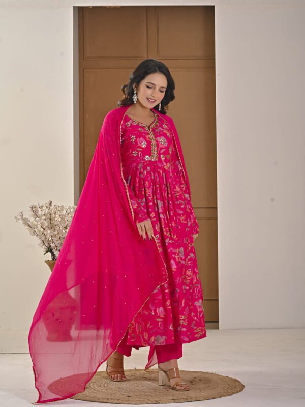 Festive Pink Floral Alia-Cut Suit Set ethnic wear for women, festive ethnic wear, festive suit set, lightweight silk blend suit, silk blend suit set, silk kurta set, women’s silk suit Festive Pink Floral Alia-Cut Suit Set ethnic wear for women, festive ethnic wear, festive suit set, lightweight silk blend suit, silk blend suit set, silk kurta set, women’s silk suit