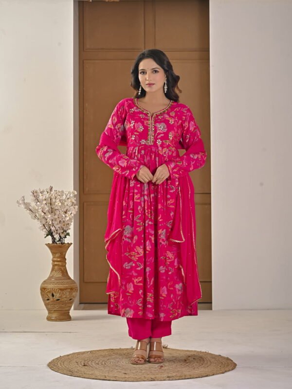 Festive Pink Floral Alia-Cut Suit Set ethnic wear for women, festive ethnic wear, festive suit set, lightweight silk blend suit, silk blend suit set, silk kurta set, women’s silk suit Festive Pink Floral Alia-Cut Suit Set ethnic wear for women, festive ethnic wear, festive suit set, lightweight silk blend suit, silk blend suit set, silk kurta set, women’s silk suit