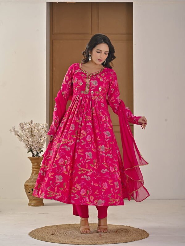 Festive Pink Floral Alia-Cut Suit Set ethnic wear for women, festive ethnic wear, festive suit set, lightweight silk blend suit, silk blend suit set, silk kurta set, women’s silk suit Festive Pink Floral Alia-Cut Suit Set ethnic wear for women, festive ethnic wear, festive suit set, lightweight silk blend suit, silk blend suit set, silk kurta set, women’s silk suit
