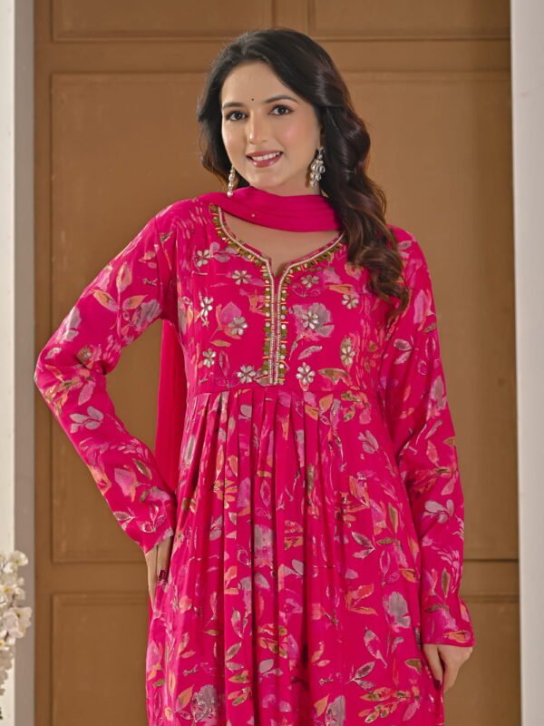 Festive Pink Floral Alia-Cut Suit Set ethnic wear for women, festive ethnic wear, festive suit set, lightweight silk blend suit, silk blend suit set, silk kurta set, women’s silk suit Festive Pink Floral Alia-Cut Suit Set ethnic wear for women, festive ethnic wear, festive suit set, lightweight silk blend suit, silk blend suit set, silk kurta set, women’s silk suit